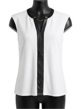 Calvin Klein White Sleeveless Blouse Faux Leather Trim Chain Accent Large